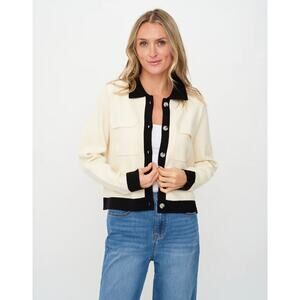 Six / Fifty Fallon Cardigan Ivory Black Button Up Sweater Layer Size Medium